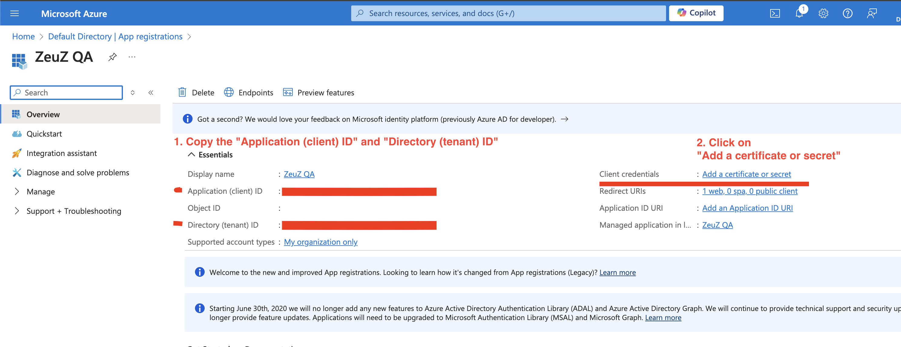 Copy client and tenant ID