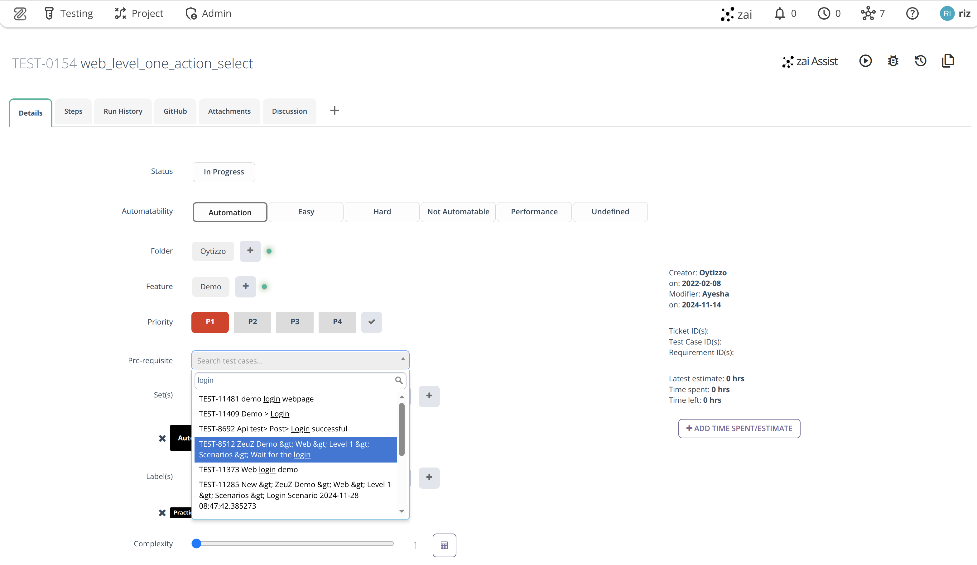 pre-requisite search in test case details tab