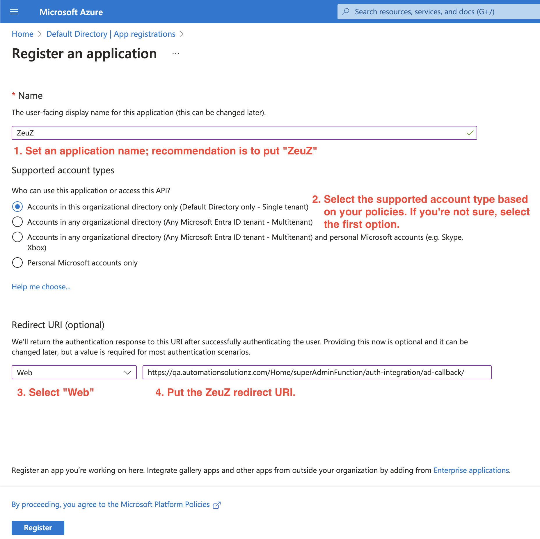 Register ZeuZ application