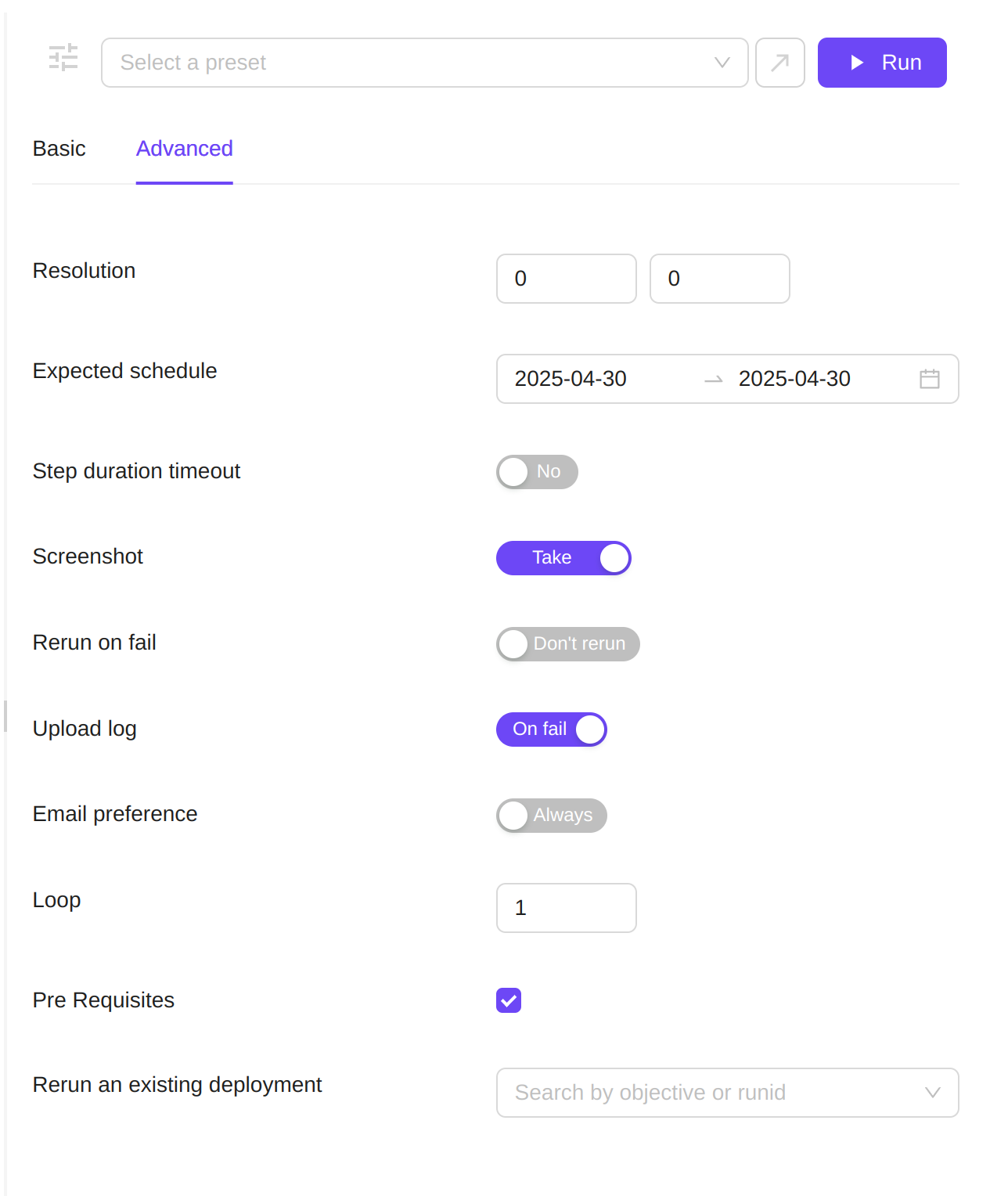 Rerun and pre-requisite selection from Testing &gt; Run tests page